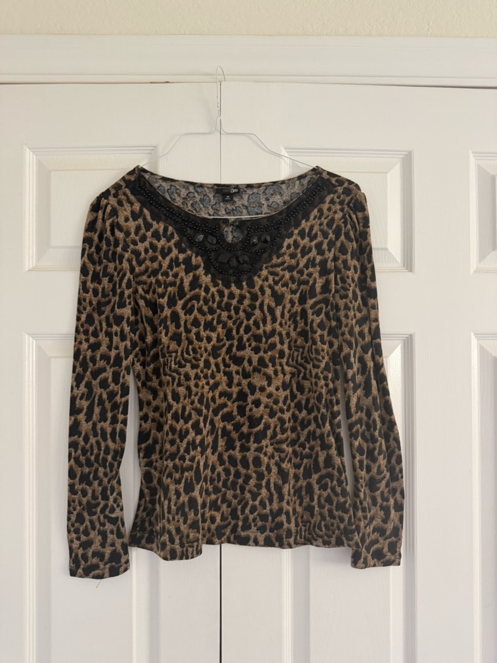 East 5th Leopard Print Top with Black Beaded Embellished Neckline